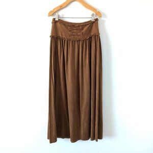 Myred Women's Pleated Brown Skirt, Size Medium Bow Details Suede